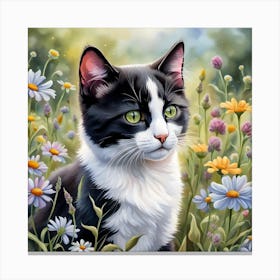 Tuxedo Kitten Digital Watercolor Portrait Canvas Print
