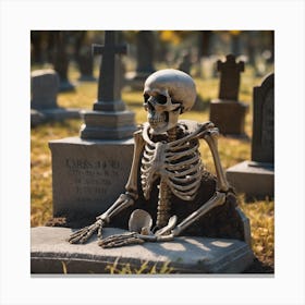 Skeleton Sitting In Graveyard Canvas Print