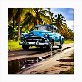 Car Grass Cuba Classic Car Road Communication Lamp Small Headlamp Caribbean Havana Blue (1) Canvas Print