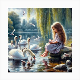 Little Girl With Swans 1 Canvas Print