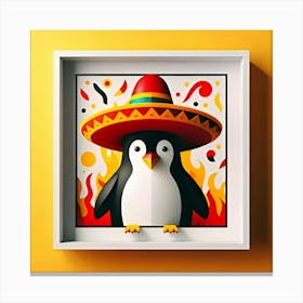 A Sizzling Penguin With A Velvet Sombrero, Inspired By The Playful Sculptures Of Claes Oldenburg, With A Spicy Red And Yellow Palette, Where The Penguin Is In Focus And The Background Is Blurred Into Abstract Shapes (1) Canvas Print