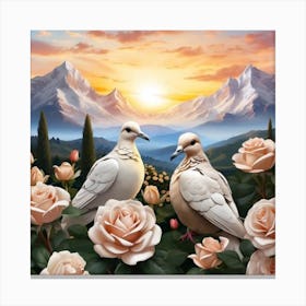Doves In White Roses Garden Canvas Print