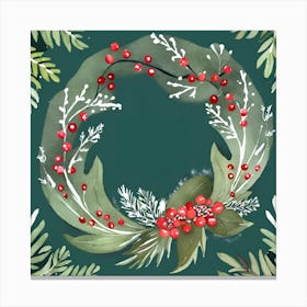 Christmas Wreath Wall Art Green Background Botanical Style #3 Canvas Print