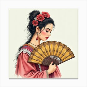 Spanish Woman With A Traditional Fan, Watercolor With Intricate Patterns 1 Canvas Print