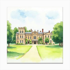 Watercolor Painting Of The Ashridge House In Hertfordshire, Capturing Its Grand Architecture And Expansive Grounds Canvas Print