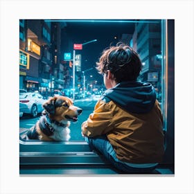 Young Boy Looking Out Window At Night With Dog Canvas Print