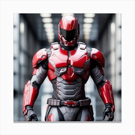 A Futuristic Warrior Stands Tall, His Gleaming Suit And Red Visor Commanding Attention 3 Canvas Print