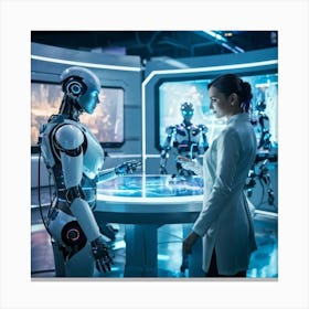 Futuristic Ai Center Holographic Interfaces Connecting With Sleek Humanoid Robots Humans In Advanc (2) Canvas Print