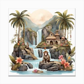Waterfall and monkeys Canvas Print
