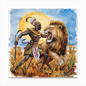 Lion And African warrior Canvas Print