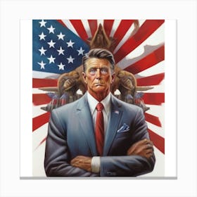 American flag, bald eagle, Ronald Reagan, serious expression, red tie, business attire. man in a suit and tie standing in front of an American flag. The man has a serious expression and is wearing a red tie. The flag features a bald eagle and a banner with the words "Ronald Reagan" written on it. Canvas Print