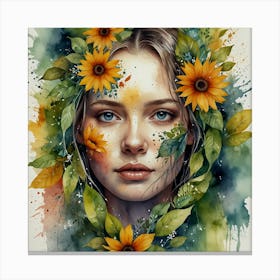 Watercolor Face With Elements Of Nature Like Leaves Canvas Print