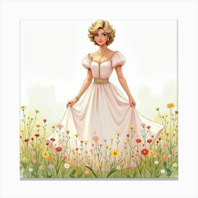 Watercolor Princess Diana With A Charming Meadow Of Wildflowers 1 Canvas Print