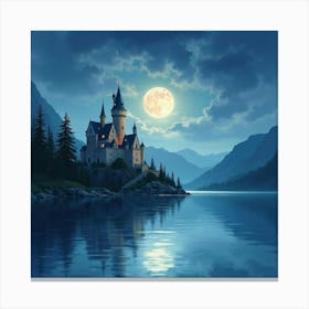 Moonlit Castle On A Serene Lake, Watercolor 1 Canvas Print