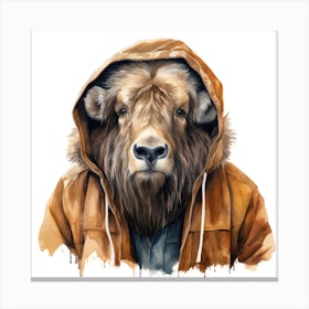 Watercolour Cartoon Muskox In A Hoodie 1 Canvas Print