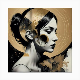 Echoes of the Celestial Muse: Gold And Black Portrait Of A Woman Canvas Print