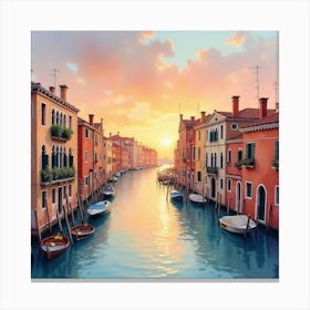 Romantic Venetian Sunset Over The Canals, Painted In Soft Watercolor Hues 1 Canvas Print