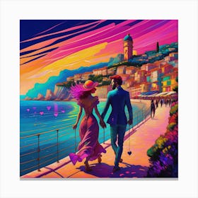 Couple Walking By The Sea Canvas Print