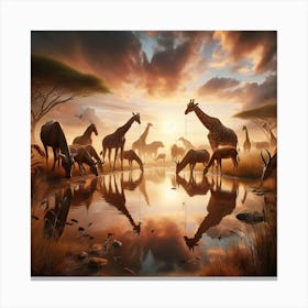 Giraffes At The Waterhole 1 Canvas Print