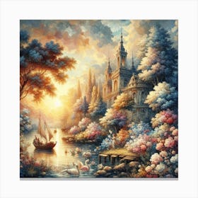 A wonderful painting of a castle with the sea and sailboats next to it 4 Canvas Print