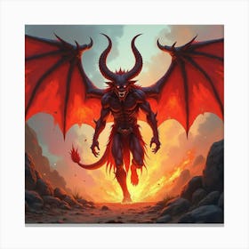 Demon In A Fiery, Colorful Watercolor Abyss 1 Canvas Print