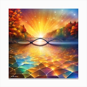 Abstract Color Illustration With A Autumn Sunrise Showing A Glas River And A Long Arch Bridge With Trees And Stars In The Sky Canvas Print