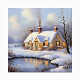 Oil Painting Of A Charming, Snow Covered Cottage With A Smoking Chimney, Situated Near A Lake (2) Canvas Print