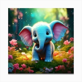 Firefly 3d, Animated, Cute, Little, Round, Turquoise, Elephant, Baby, Forest, Pink Flowers, Whimsica (4) Canvas Print