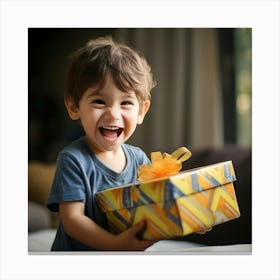 Happy Little Boy With Gift Canvas Print