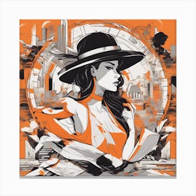 A Silhouette Of A Bycical Wearing A Black Hat And Laying On Her Back On A Orange Screen, In The Styl (1) Canvas Print