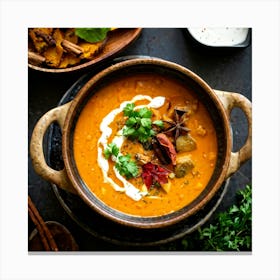 Autumn Pumpkin Curry Soup Simmering In A Traditional Clay Pot Steam Rising Surrounded By An Assort (4) Canvas Print