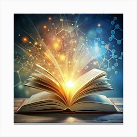 A book opens on a wooden table, with light and energy radiating from its pages. Canvas Print