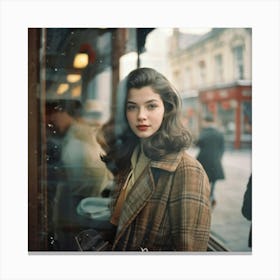 Young Lady Captured In Blurred Street Style Posing Before A Vintage Camera Photographic Quality Si Canvas Print