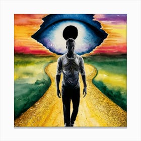 Eye Of The World Watercolor depicting a surreal portrait of a man walking along a path leading to an eye-shaped hole in the horizon, against a bright sunset sky, monochrome, shimmering gold accenting the path., illustration, photo, 3d render, painting, portrait photography Canvas Print