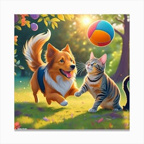 Cat And Dog Playing Canvas Print