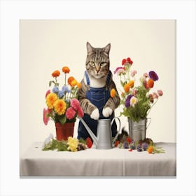 Cat Watering Flowers Canvas Print