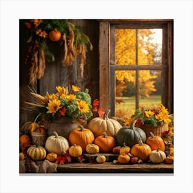 Autumn Harvest Celebration Captured In A Rustic Farmhouse Setting Pumpkins And Various Gourds Offer (5) Canvas Print