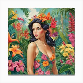 Woman In Tropical Flower Garden Art Print 3 Canvas Print