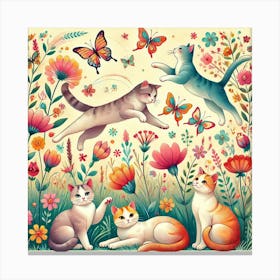 Playful Cats In A Whimsical Garden Printed Art A Delightful Illustration Of Playful Cats In A Vibrant Garden, Perfect For Bringing Joy And Charm To Any Cat Lover’S Space Printed Art Canvas Print