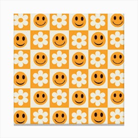 Checkered Orange Happy Faces and White Flowers Canvas Print