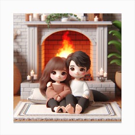 Serene Couple Sitting In Front Of Fireplace Canvas Print