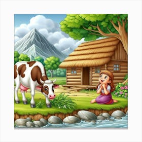 Illustration Of A Girl And A Cow Canvas Print