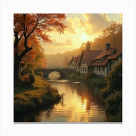 Golden Autumn Evening Over A Tranquil, Quaint Village 1 Canvas Print