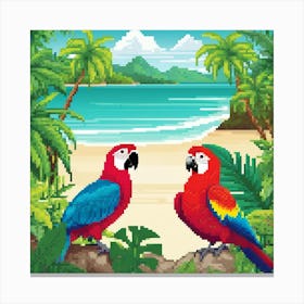 Parrots On The Beach, Tropical, pic cell art, good flowers, nice colors, flowers, trees, digital art of nature, wall art of birds, wall art of flowers, wall art of greenery Canvas Print