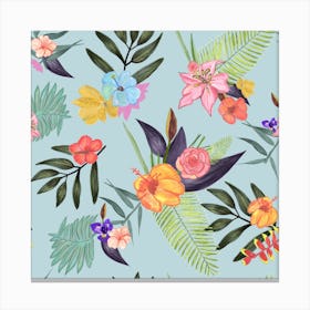 Tropical Brush Watercolor Exotic Flowers Pattern Square Canvas Print