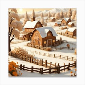 A Stylized, Wintery Scene Of A Small Village With Snow Covered Wooden Houses, Barns, Fences, And Trees Canvas Print