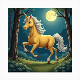 A Golden Unicorn With A Silver Mane Running Through Moonlit Woods 1 Canvas Print