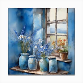 Blue wall. Open window. From inside an old-style room. Silver in the middle. There are several small pottery jars next to the window. There are flowers in the jars Spring oil colors. Wall painting.57 Canvas Print