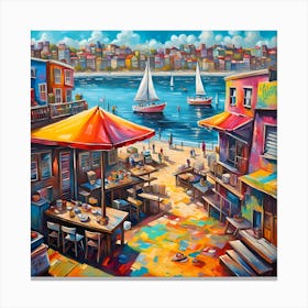 Vista Of Tasty Treats Sailboats Shops And Sun Kissed Beach Canvas Print