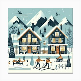 Scandinavian style, Mountains and snow and skiers Canvas Print